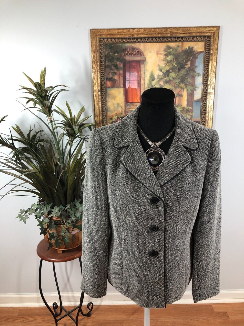 LeSuit Blazer Jacket Women's 8P Gray Piping Tweed 3-Button Notch Lapel‎ Contrast